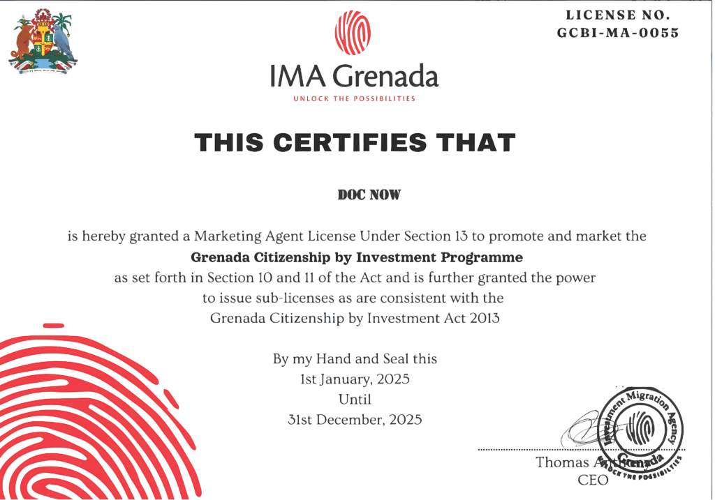 Marketing Agent License for Grenada Citizenship by Investment Programme issued to DOC NOW for 2025