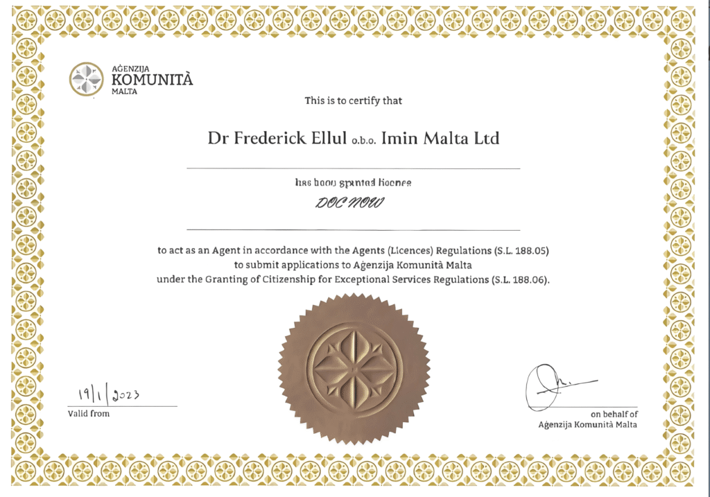 Agent License for submitting citizenship applications to Agenzija Komunita Malta issued to DOC NOW