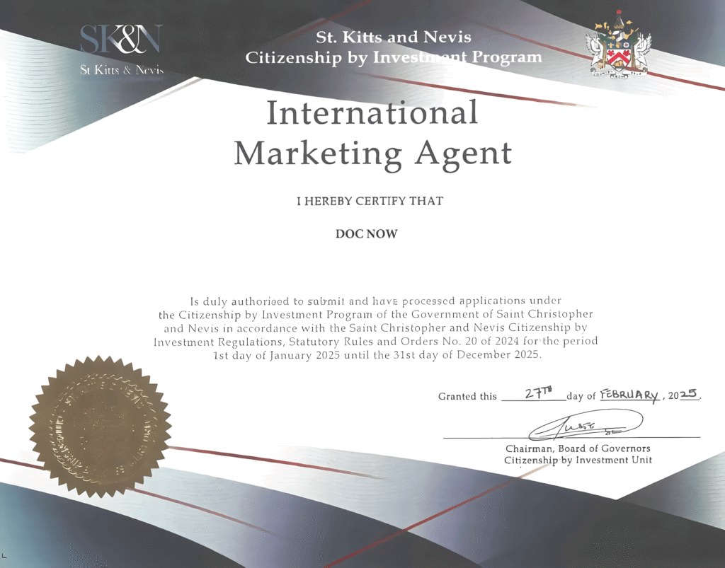 International Marketing Agent Certificate for St. Kitts and Nevis Citizenship by Investment Program issued to DOC NOW